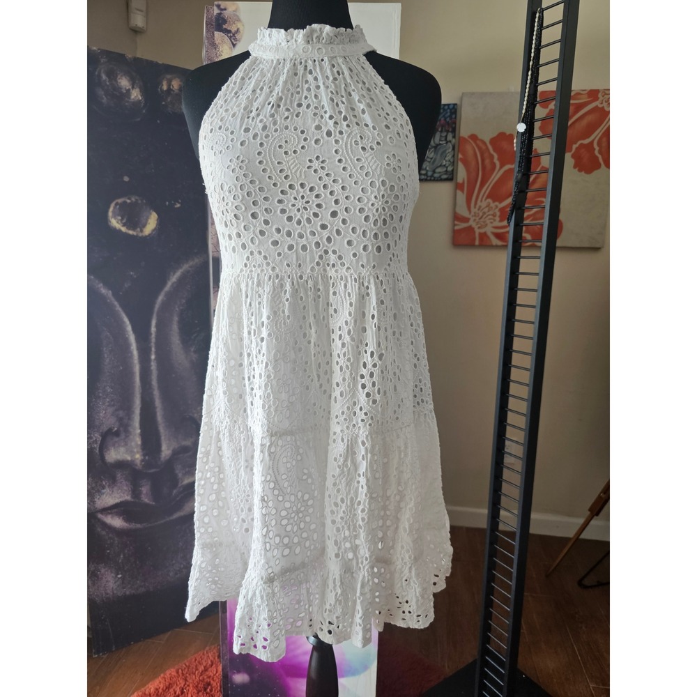 White Eyelet Halter Dress Sleeveless Tiered Ruffle Hem Mini Summer Sundress